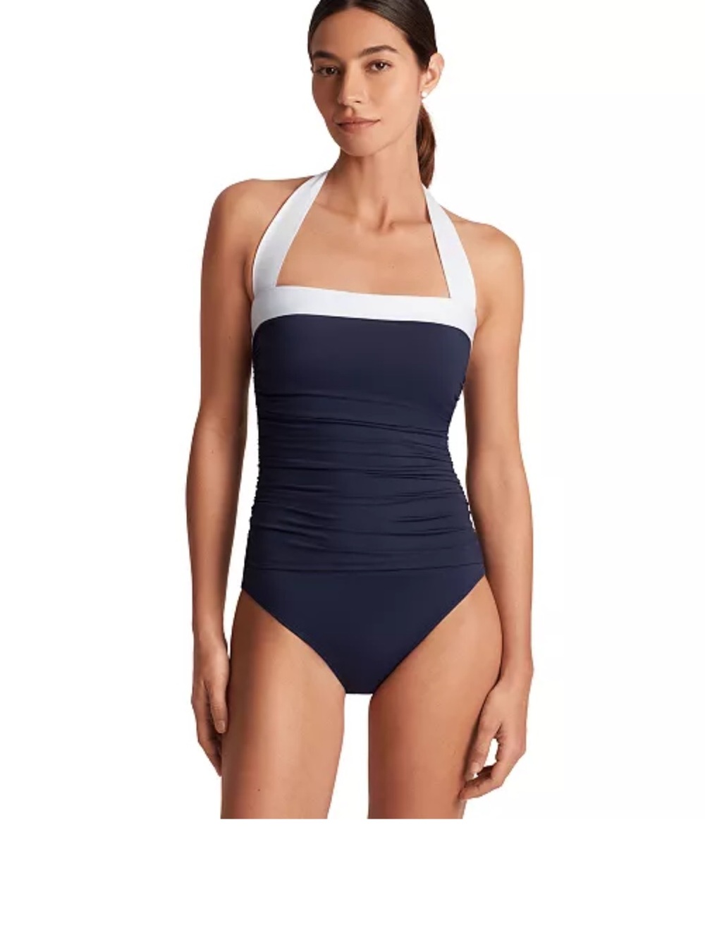 New Lauren Ralph Lauren Navy and White Halter Ruched One-Piece Swimsuit